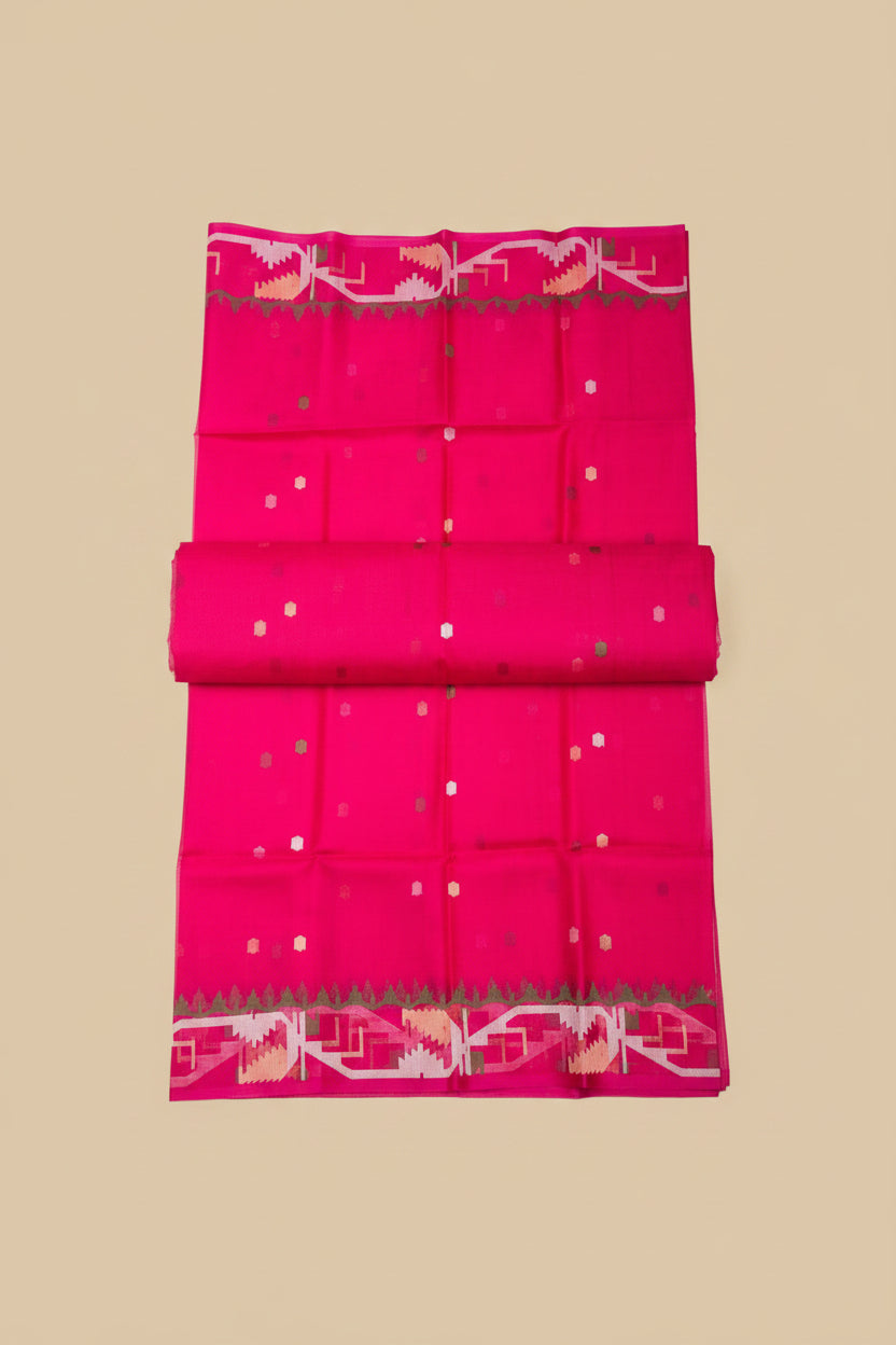 Fuchsia Pink Jamdani -  Pure Muslin Handloom Saree - AUV-900104