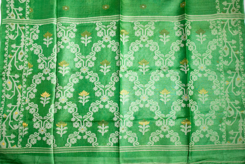 Green trellis Bengal Tussar Jamdani Saree - AUV-900120