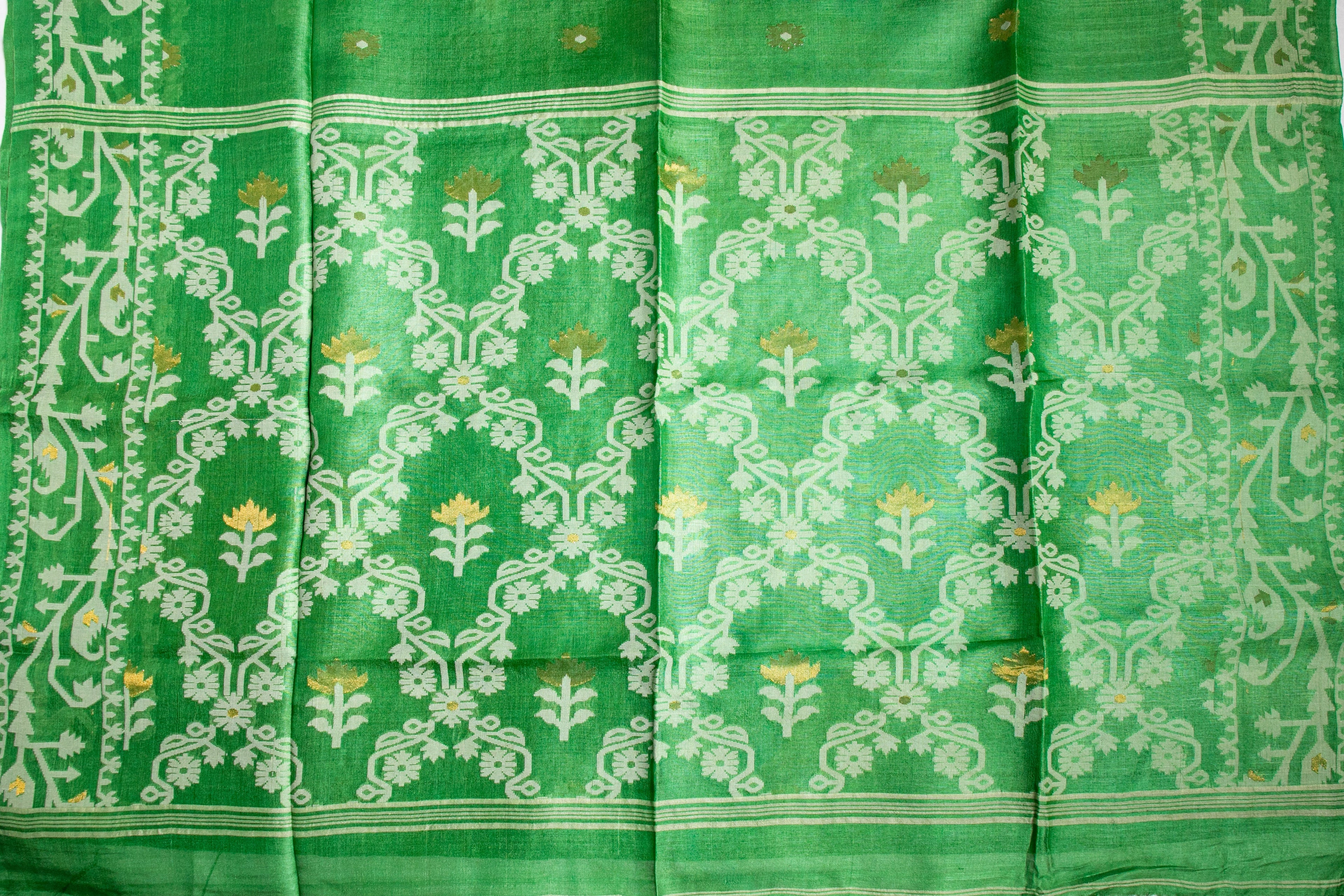 Green trellis Bengal Tussar Jamdani Saree - AUV-900120