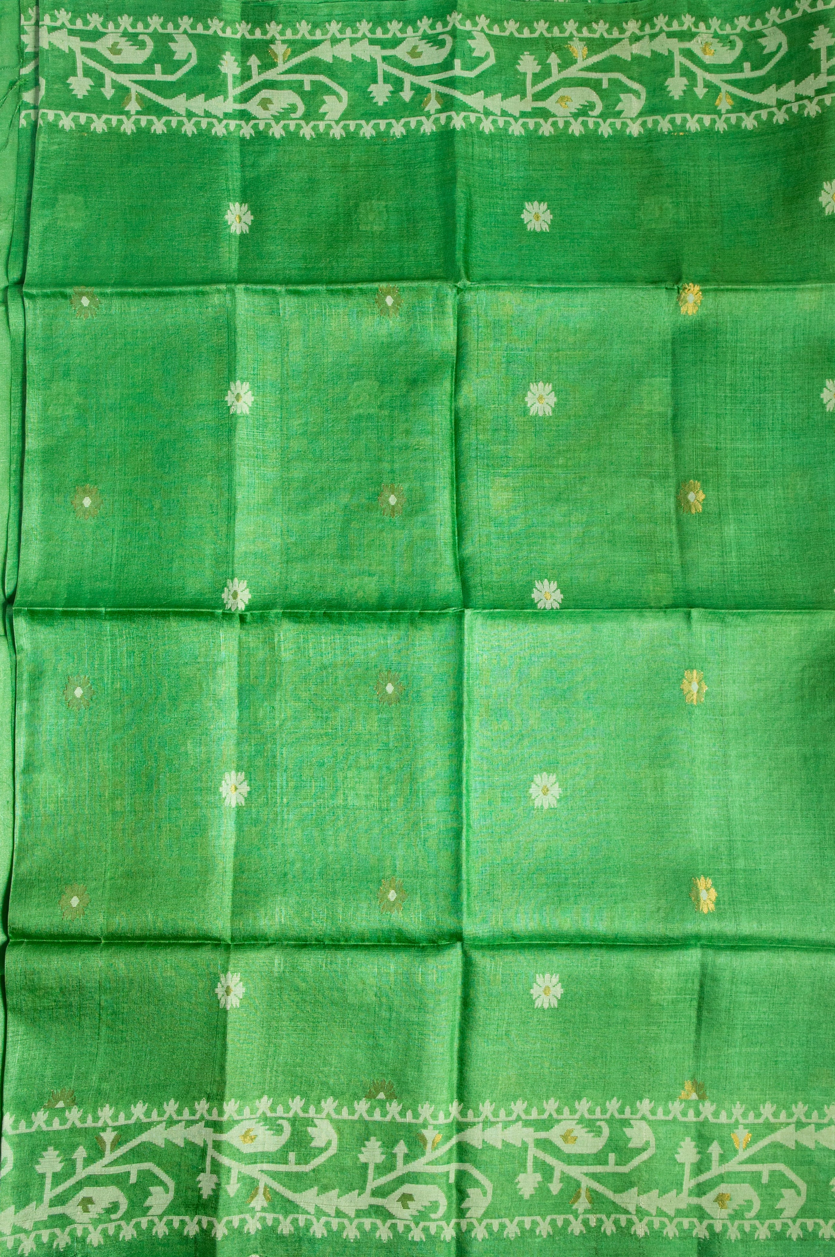 Green trellis Bengal Tussar Jamdani Saree - AUV-900120