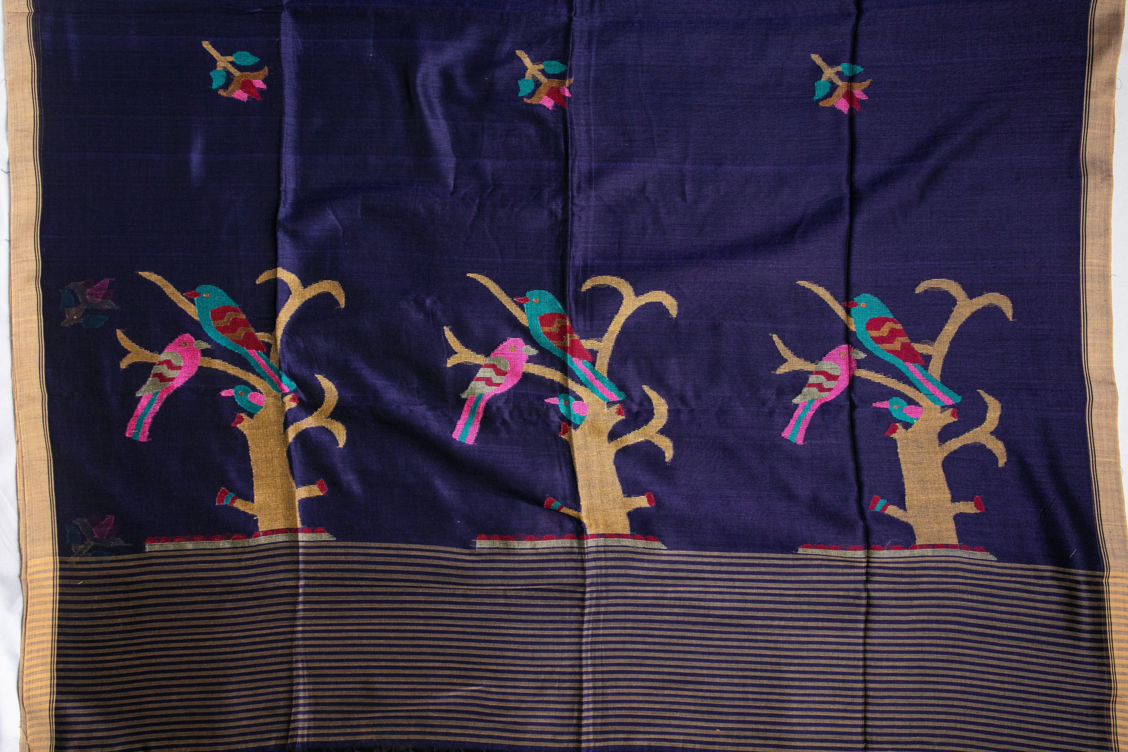 Midnight Aviary Jamdani — Marise Cotton Handloom Saree