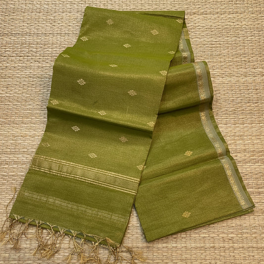 Olive Green Maheshwari Tissue  Saree with Gold Buti - AUV-900027