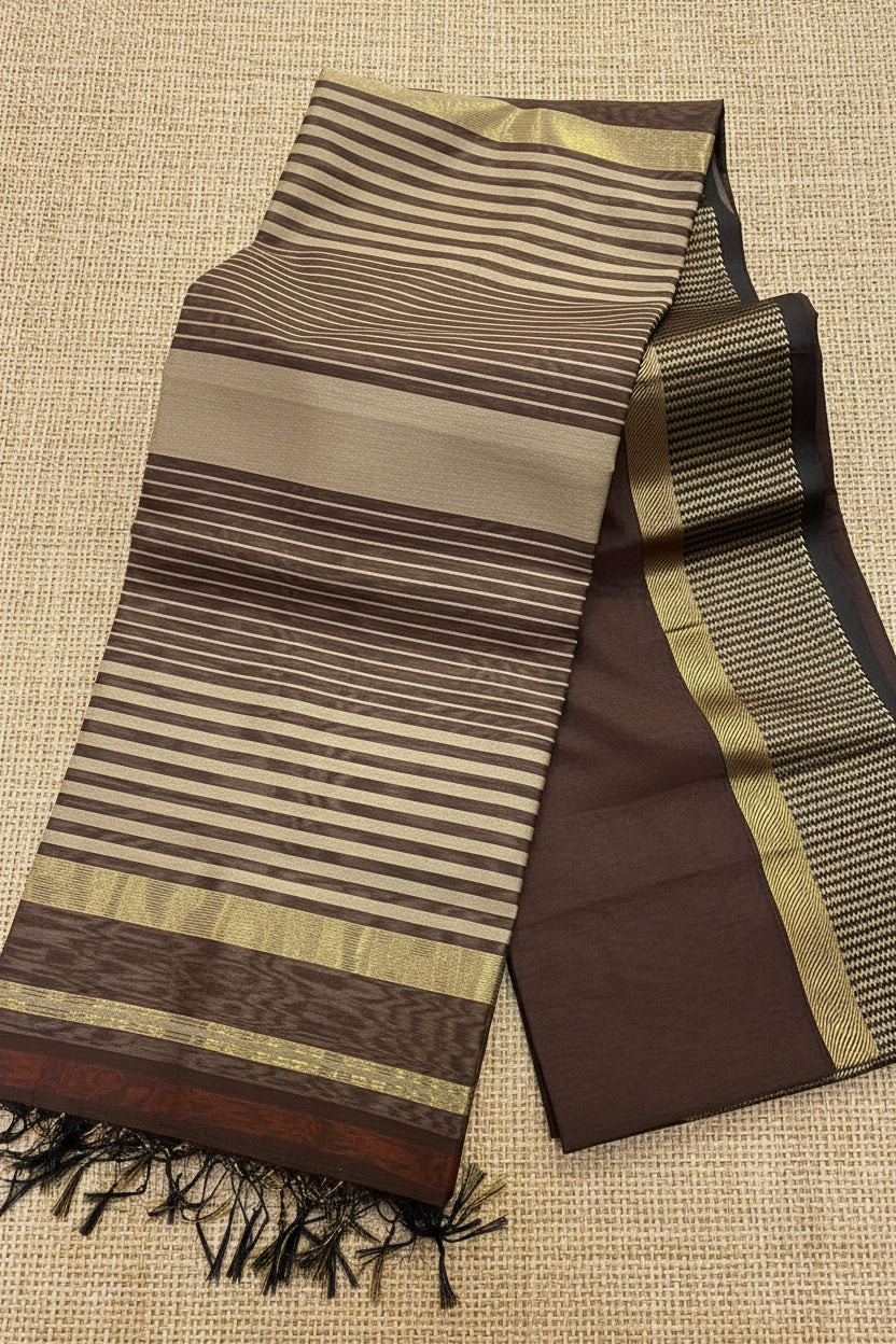 Coffee Brown Ripple-Stripe Maheshwari  Saree AUV-900034