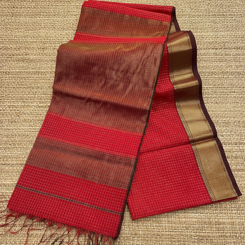 Red Checked Maheshwari Saree with Gold Brocade Pallu AUV-900036