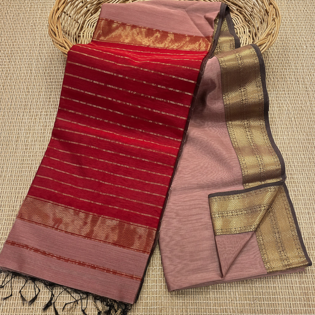 Red to Dusty Rose Ombre Maheshwari Saree with Blouse