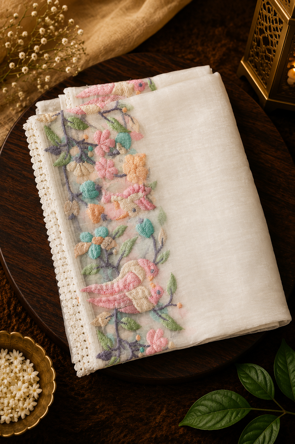 Songbird Garden — Semi Organza Saree with Bird and Floral Embroidery