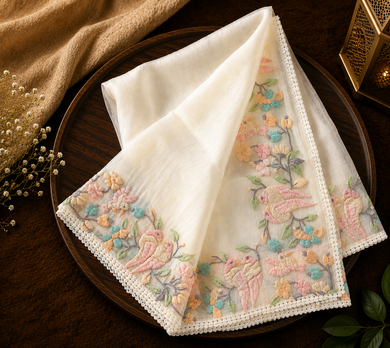 Songbird Garden — Semi Organza Saree with Bird and Floral Embroidery