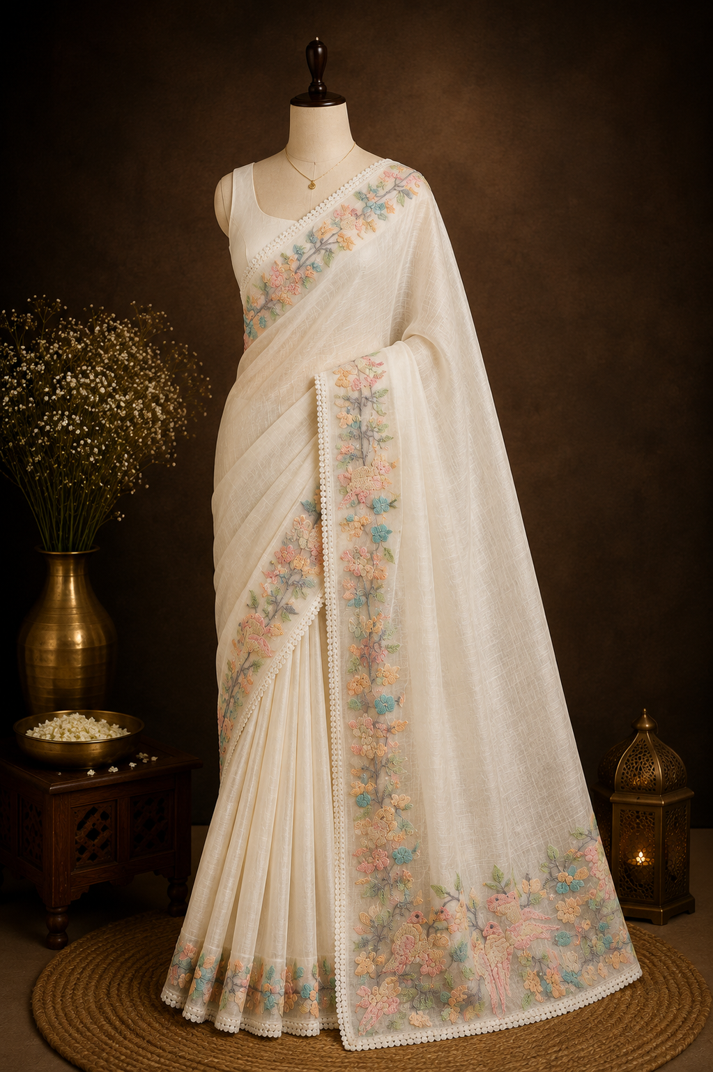 Songbird Garden — Semi Organza Saree with Bird and Floral Embroidery