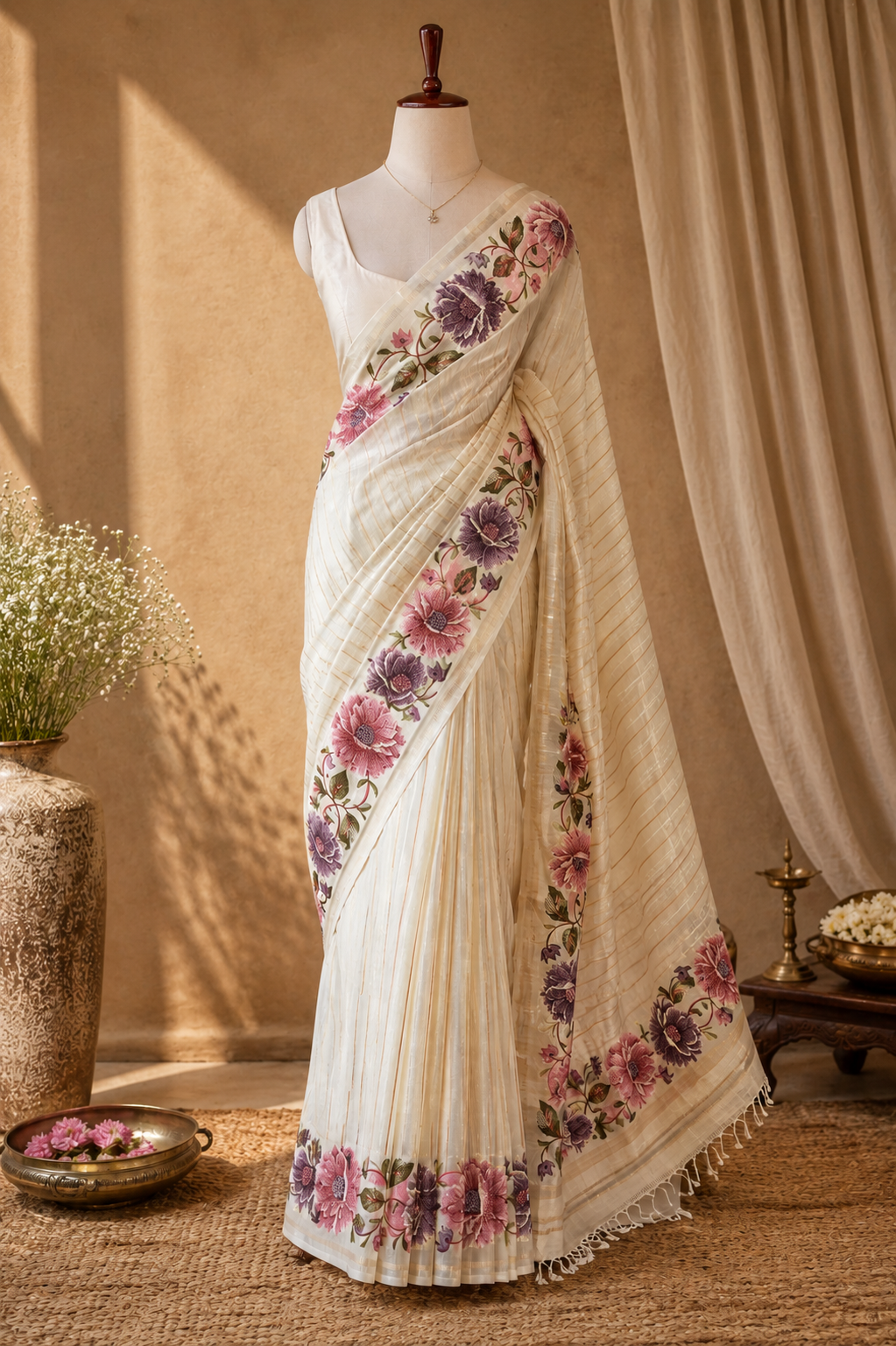 Off-White Tussar Silk Saree with Parsi Peony Floral Border and Self-Woven Gold Zari Stripes