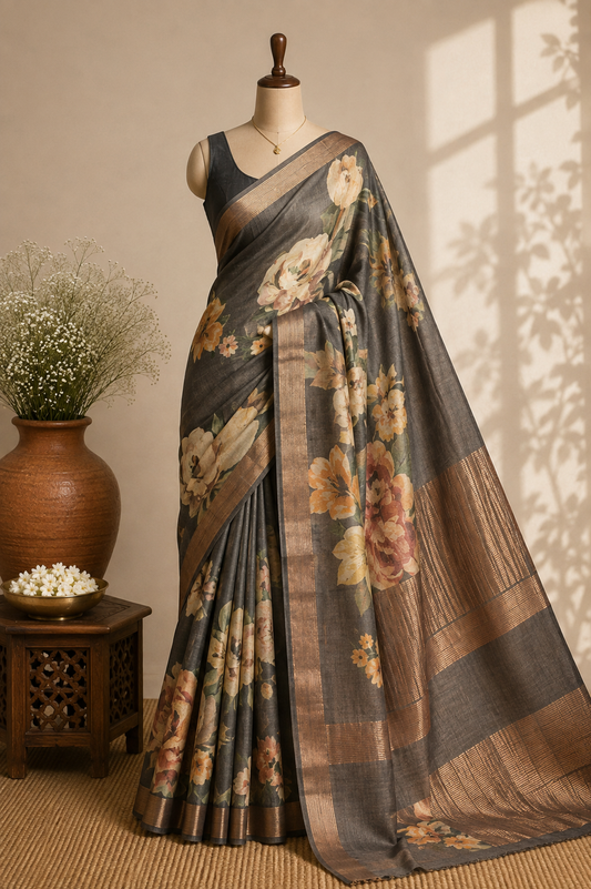 Slate Grey Tussar Silk Saree with Digital Floral Print and Antique Bronze Zari Border