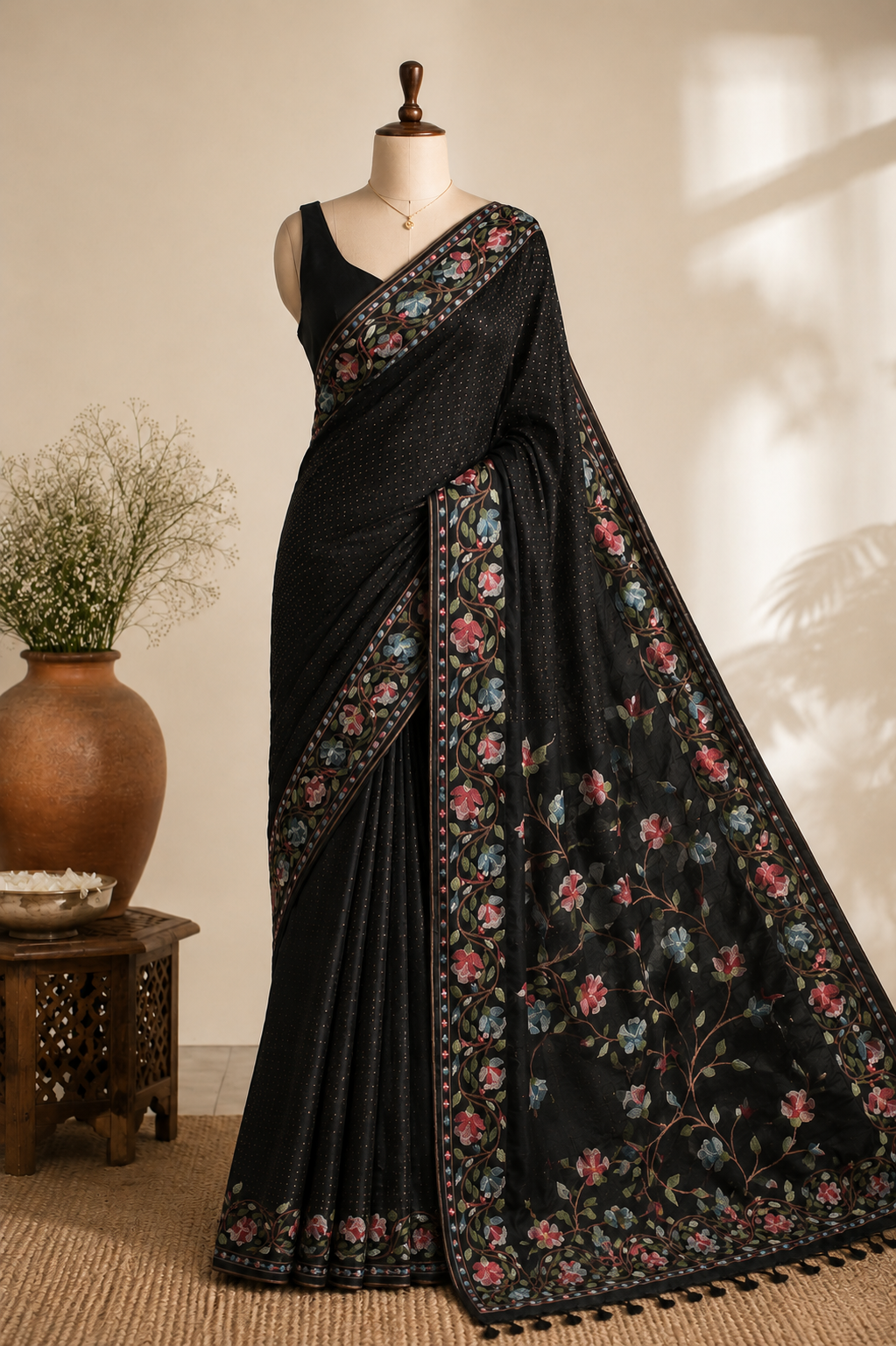 Black Tussar Silk Saree – Aari Work Floral Border with Woven Butti