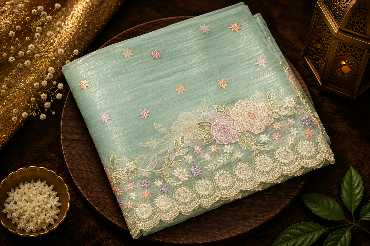 Soft Blue — Semi Organza Saree with Floral Thread Embroidery