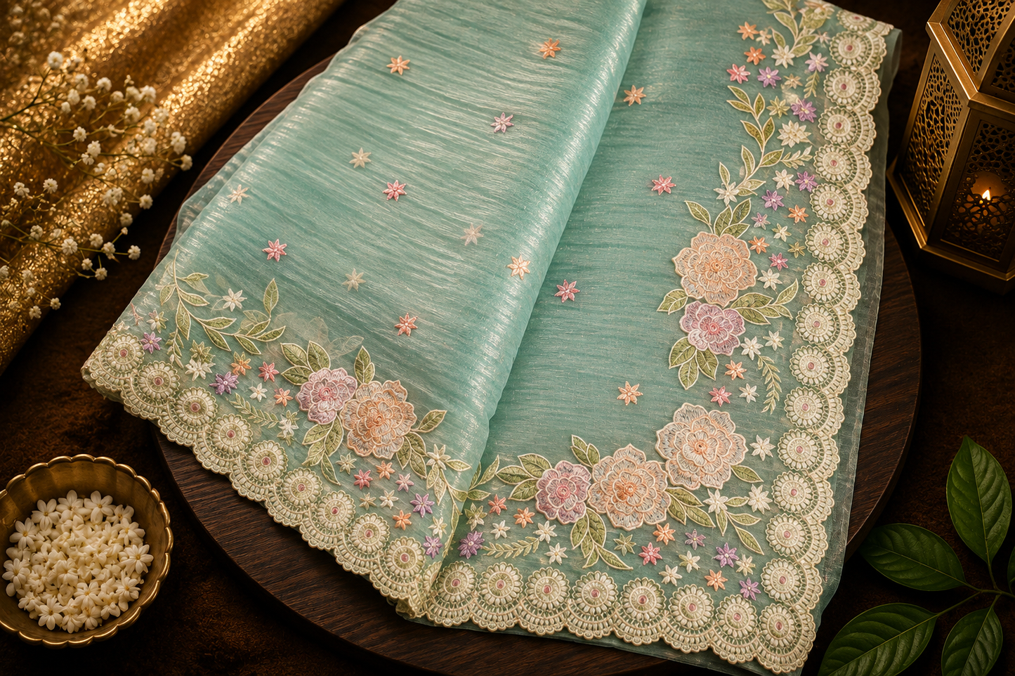 Soft Blue — Semi Organza Saree with Floral Thread Embroidery