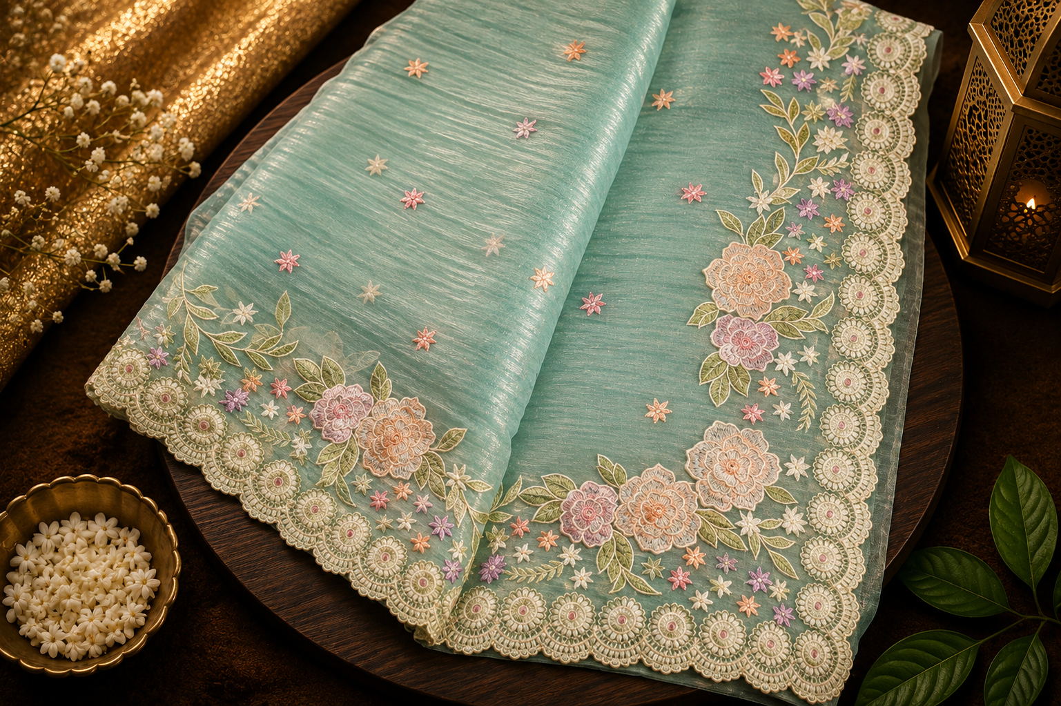 Soft Blue — Semi Organza Saree with Floral Thread Embroidery