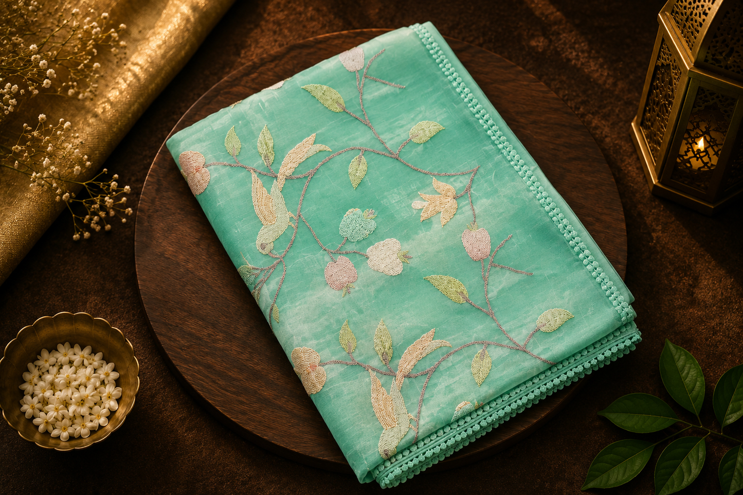 Mint teal — Semi Organza Saree with Floral Vine Embroidery