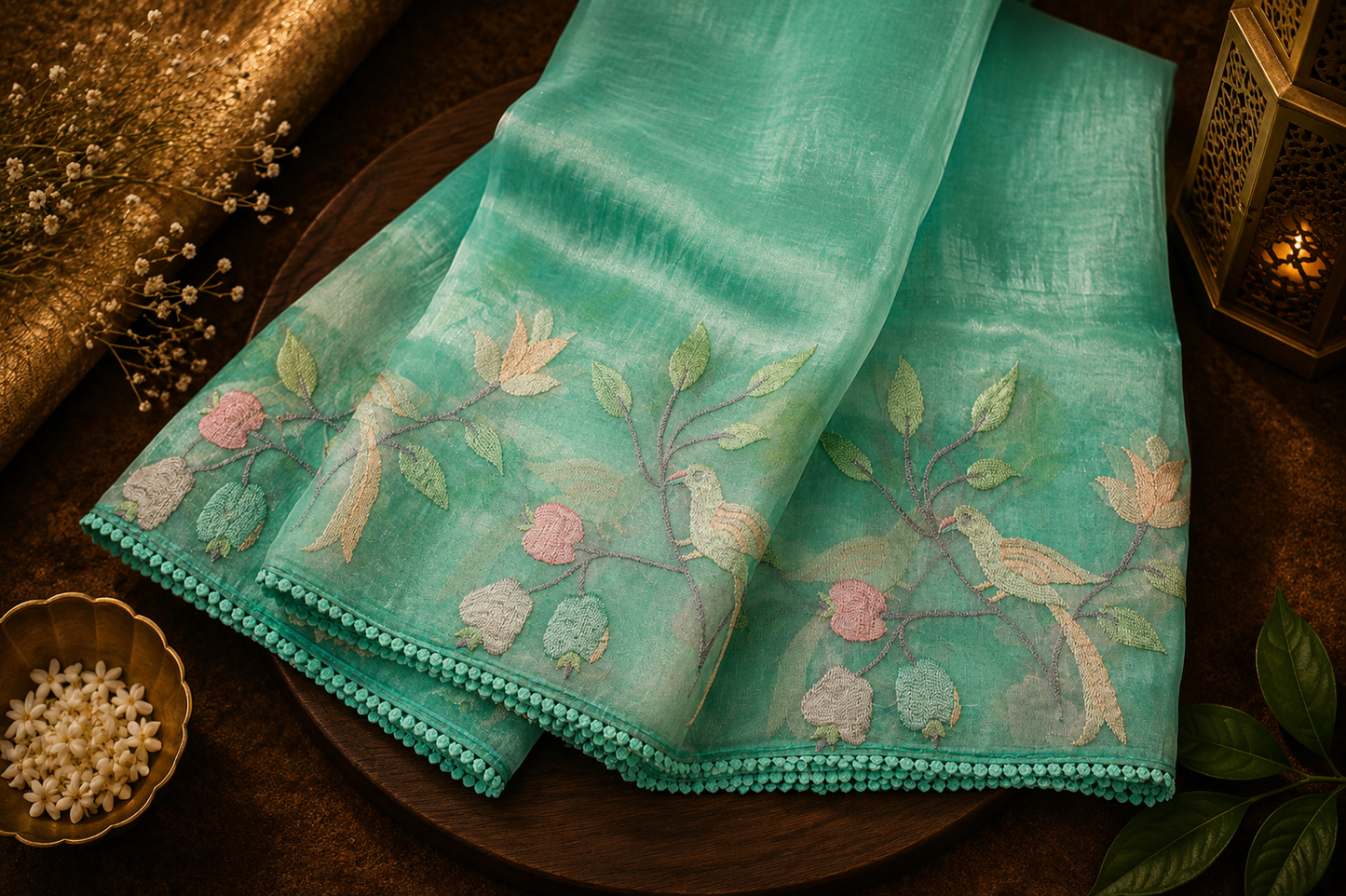 Mint teal — Semi Organza Saree with Floral Vine Embroidery