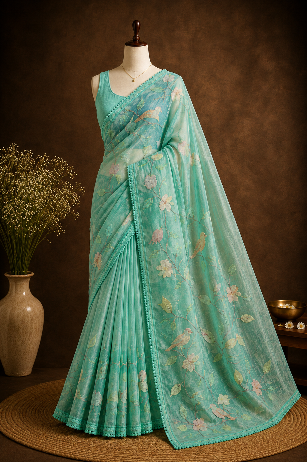 Mint teal — Semi Organza Saree with Floral Vine Embroidery