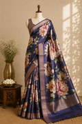 Navy Blue Tussar Silk Saree with Digital Peony Print