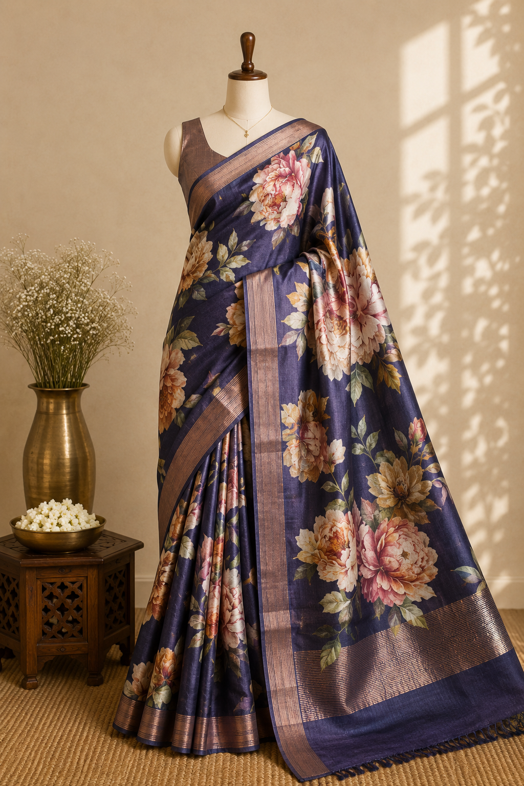 Navy Blue Tussar Silk Saree with Digital Peony Print