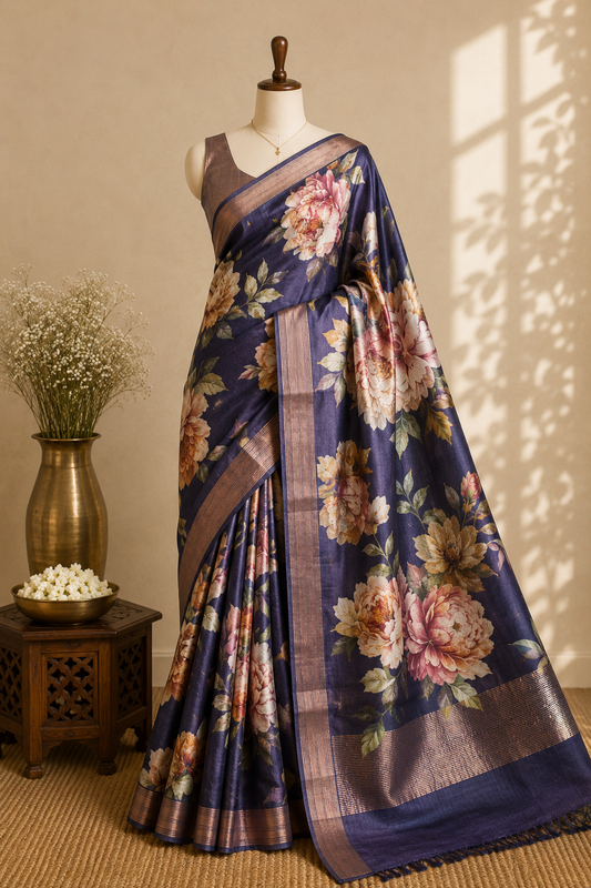Navy Blue Tussar Silk Saree with Digital Peony Print