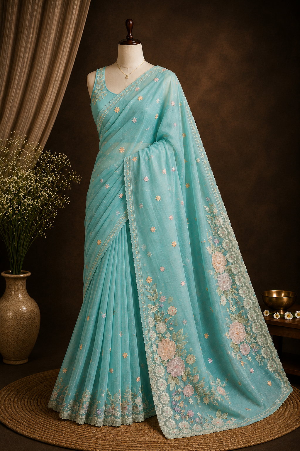 Soft Blue — Semi Organza Saree with Floral Thread Embroidery