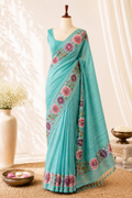 Aqua Blue Tussar Silk Saree with Parsi Peony Floral Border and Self-Woven Gold Zari Stripes