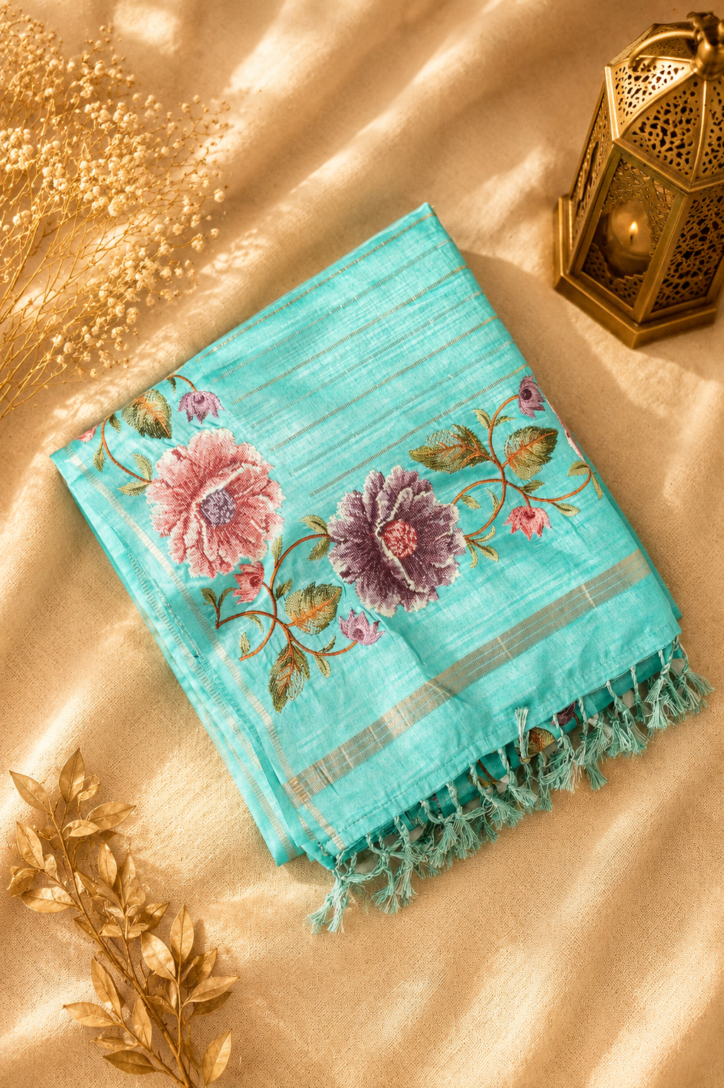 Aqua Blue Tussar Silk Saree with Parsi Peony Floral Border and Self-Woven Gold Zari Stripes