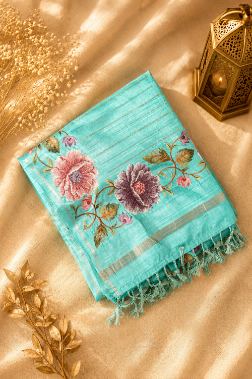 Aqua Blue Tussar Silk Saree with Parsi Peony Floral Border and Self-Woven Gold Zari Stripes