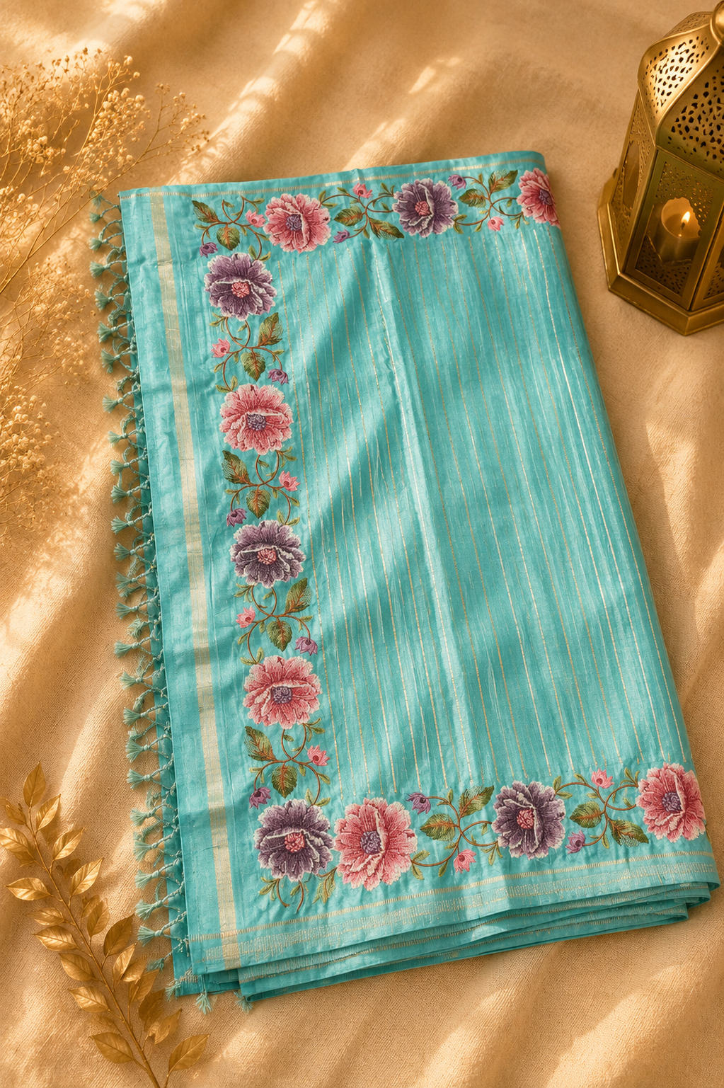 Aqua Blue Tussar Silk Saree with Parsi Peony Floral Border and Self-Woven Gold Zari Stripes
