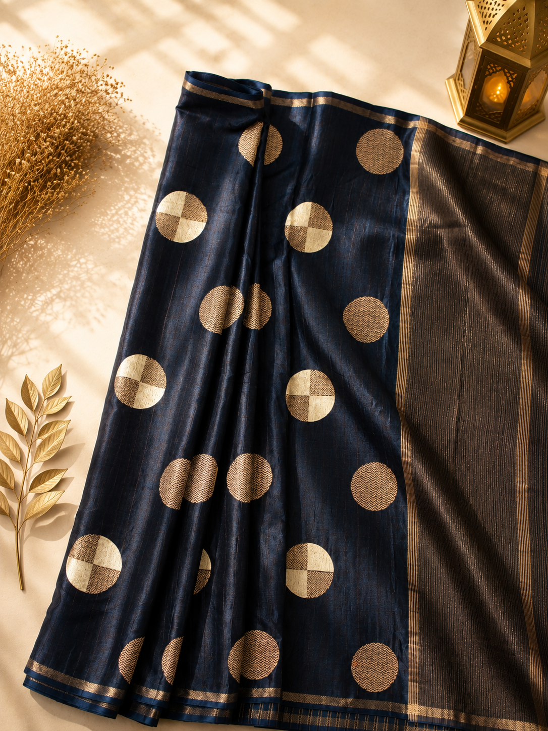 Dark Navy Blue Semi Tussar Silk Saree with Woven Gold Zari Circle Motifs