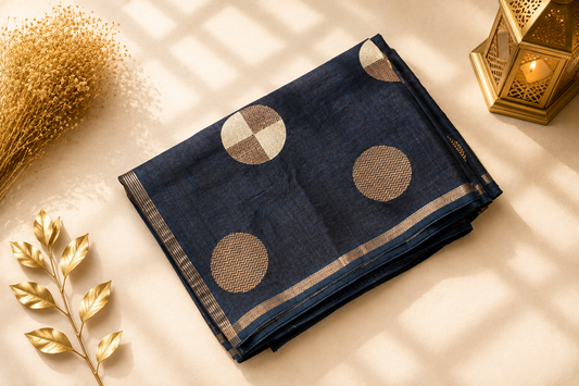 Dark Navy Blue Semi Tussar Silk Saree with Woven Gold Zari Circle Motifs