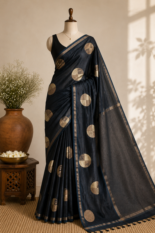 Dark Navy Blue Semi Tussar Silk Saree with Woven Gold Zari Circle Motifs