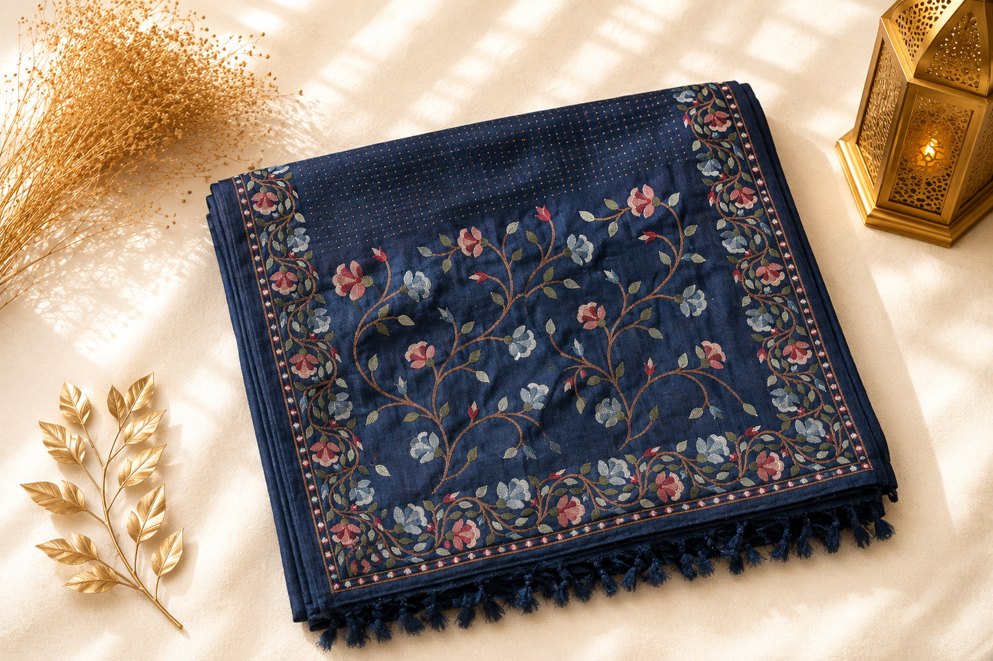 Navy Blue Tussar Silk Saree with Aari Floral Vine Embroidery