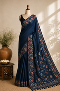 Navy Blue Tussar Silk Saree with Aari Floral Vine Embroidery