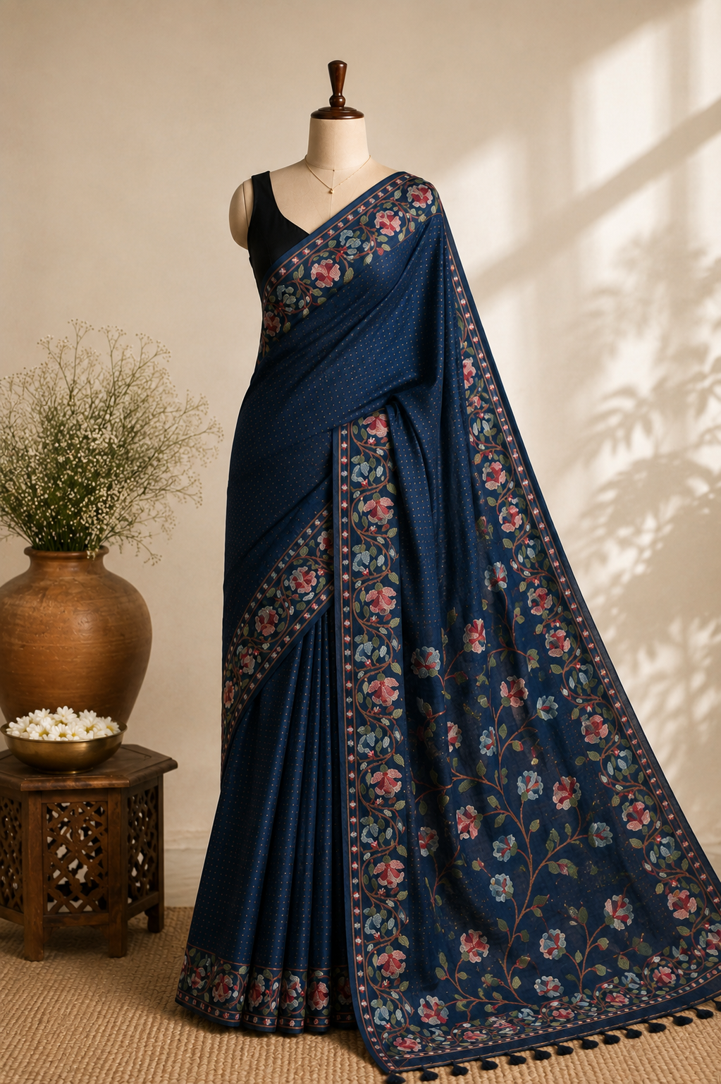 Navy Blue Tussar Silk Saree with Aari Floral Vine Embroidery