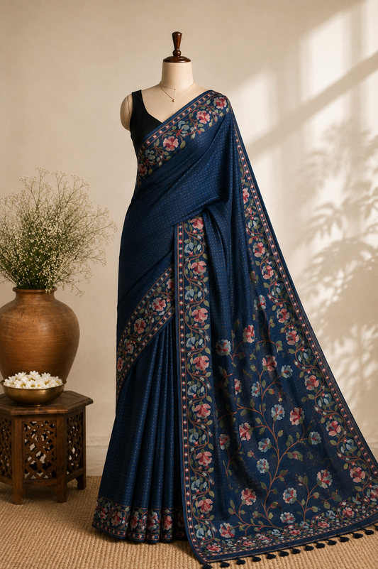 Navy Blue Tussar Silk Saree with Aari Floral Vine Embroidery