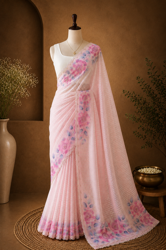 Pastel Pink Organza Saree with Silver Stripes