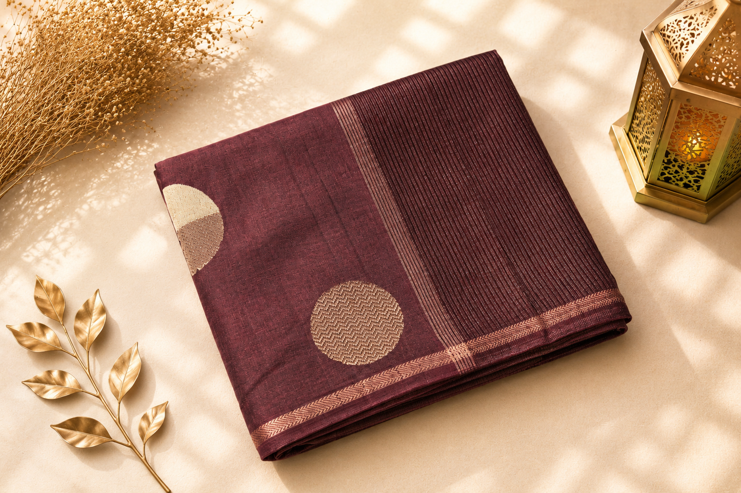 Brown Semi Tussar Silk Saree with Woven Gold Zari Circle Motifs