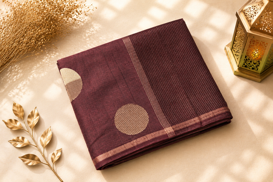 Brown Semi Tussar Silk Saree with Woven Gold Zari Circle Motifs