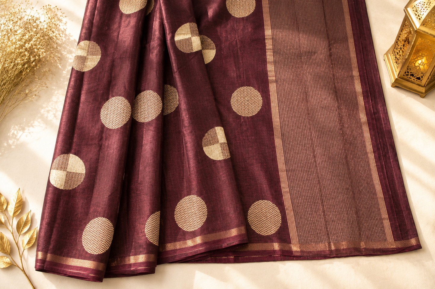Brown Semi Tussar Silk Saree with Woven Gold Zari Circle Motifs