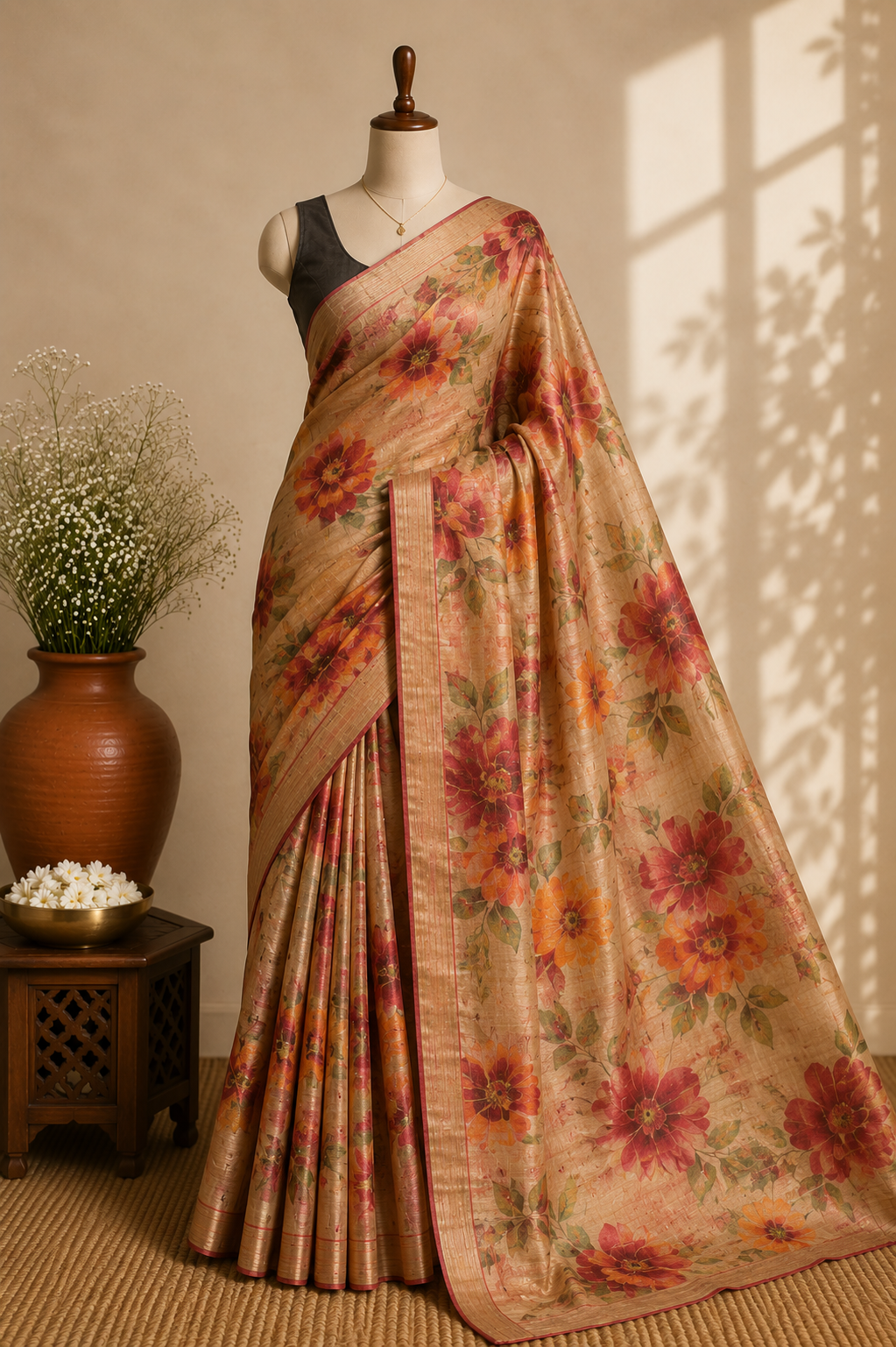 Golden Beige Tussar Silk Saree with Digital Red Floral Print and Gold Zari Checks
