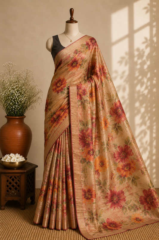Golden Beige Tussar Silk Saree with Digital Red Floral Print and Gold Zari Checks