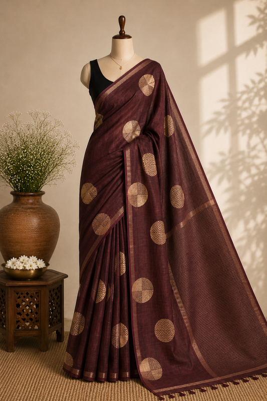 Brown Semi Tussar Silk Saree with Woven Gold Zari Circle Motifs
