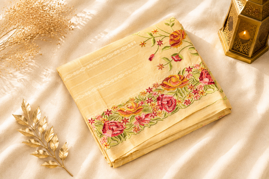 Cream Tussar Silk Saree with Parsi Floral Border