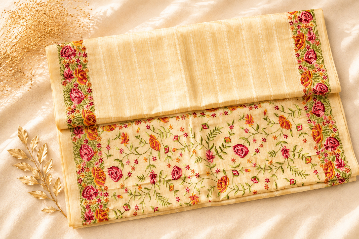 Cream Tussar Silk Saree with Parsi Floral Border