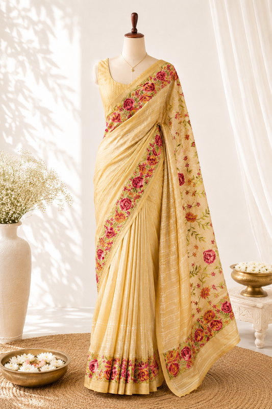 Cream Tussar Silk Saree with Parsi Floral Border