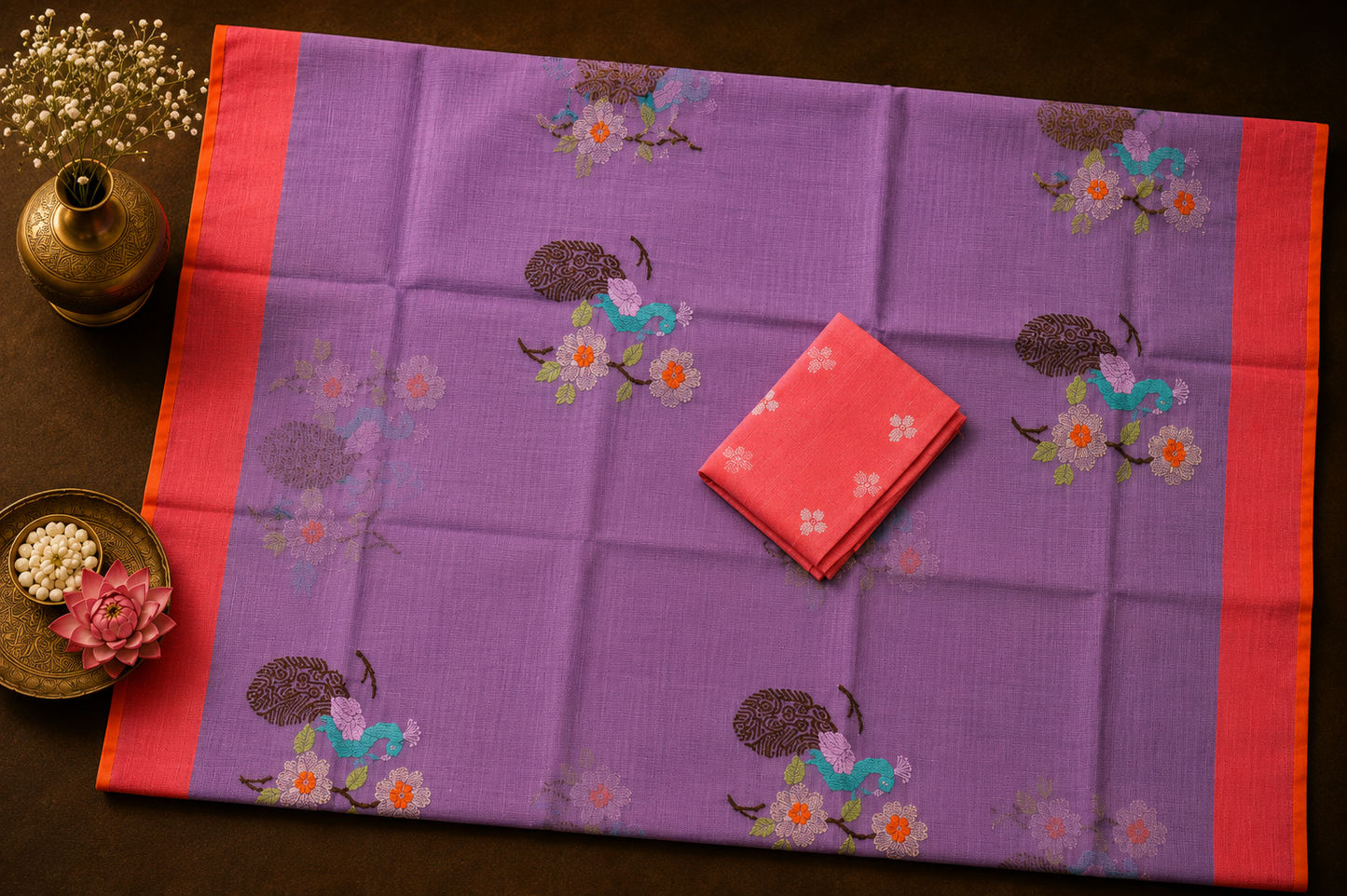 Purple Zari Kota Saree with Peacock-Floral Motifs