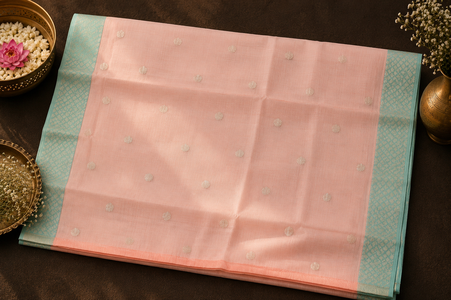 Peach-Coral Zari Kota Saree