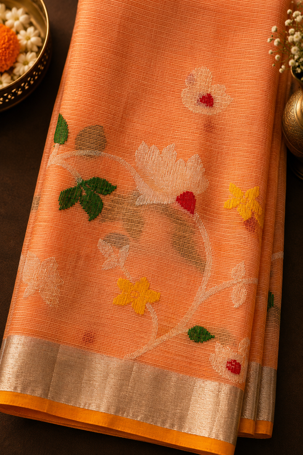 Peach-Orange Zari Kota Saree