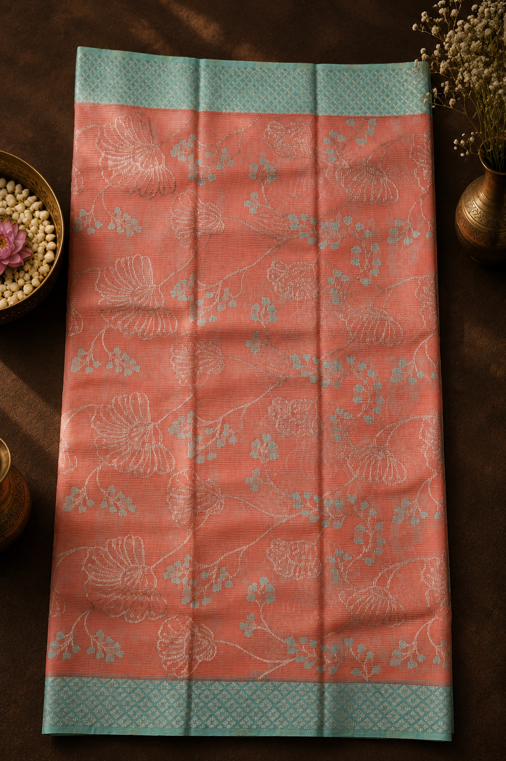 Peach-Coral Zari Kota Saree